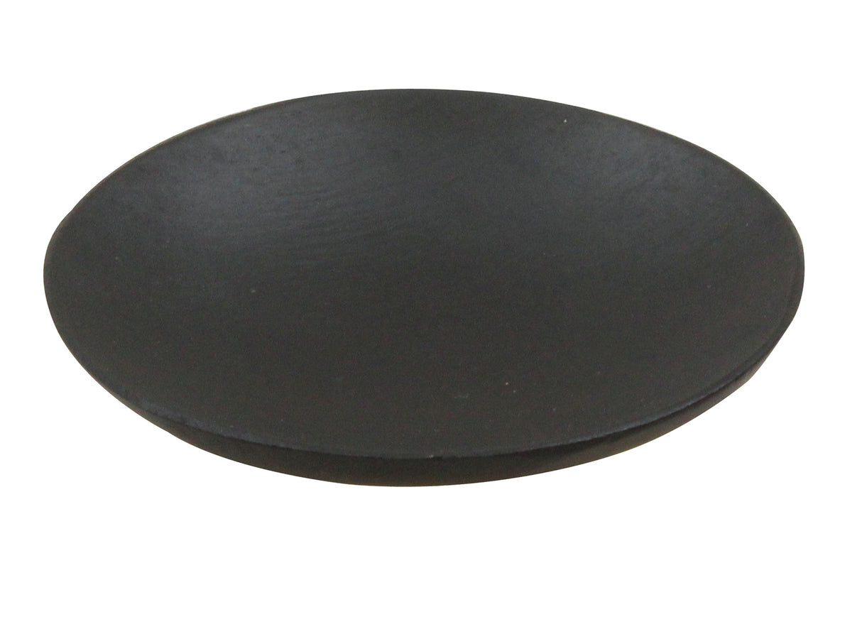 A plain, round, black bamboo plate with a slightly raised rim is viewed from an angle on a white background. The plate has a matte finish and no visible patterns or decoration.