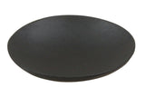 A plain, round, black bamboo plate with a slightly raised rim is viewed from an angle on a white background. The plate has a matte finish and no visible patterns or decoration.