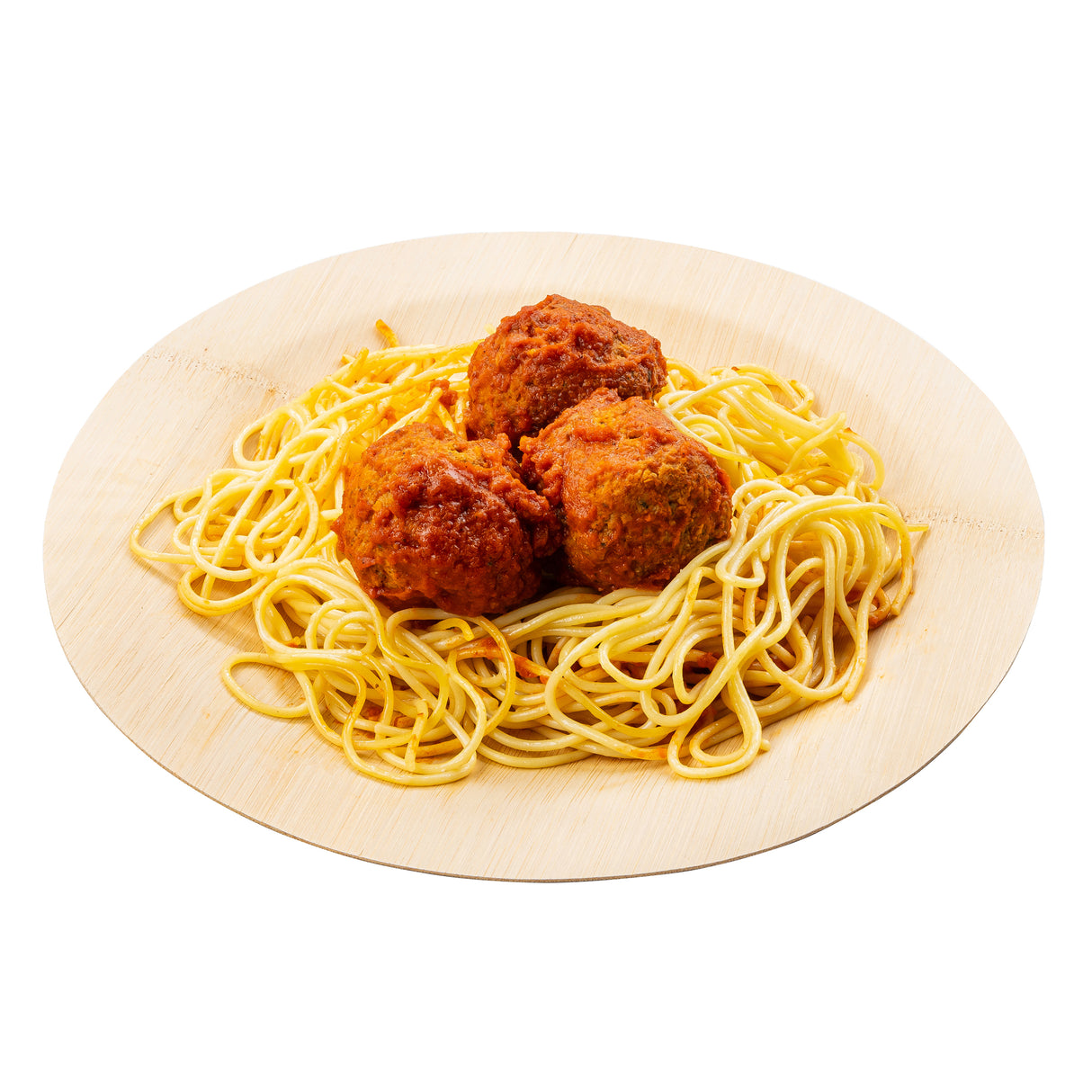 A disposable bamboo plate from TableCraft, measuring 11 inches, holds a serving of spaghetti topped with three large meatballs coated in rich red tomato sauce, set against a crisp white background.