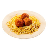 A disposable bamboo plate from TableCraft, measuring 11 inches, holds a serving of spaghetti topped with three large meatballs coated in rich red tomato sauce, set against a crisp white background.