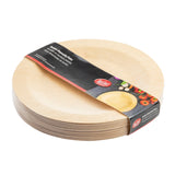 A stack of round, light wood-colored disposable bamboo plates with a black and red paper label wrapped around them. The label features images of vegetables and an 11 inch plate, displaying the Medi brand and product details.