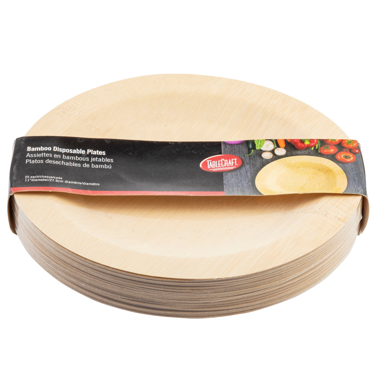 A stack of round, light tan disposable bamboo plates is wrapped in black and red TableCraft packaging. The 11 inch plate is pictured with food, and the label includes descriptions in English, Spanish, and French.