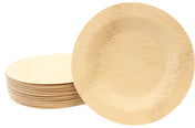 A stack of round, light-colored TableCraft disposable bamboo plates is shown. One 11 inch plate is propped upright in front, highlighting its smooth surface, visible natural grain patterns, and eco-friendly, biodegradable design.