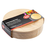 A stack of round bamboo plates is wrapped in a black and red label. The label displays the brand “TableLuxe,” product name, and images of colorful fruits and vegetables. Each 7 inch plate has a smooth, natural wood grain texture.