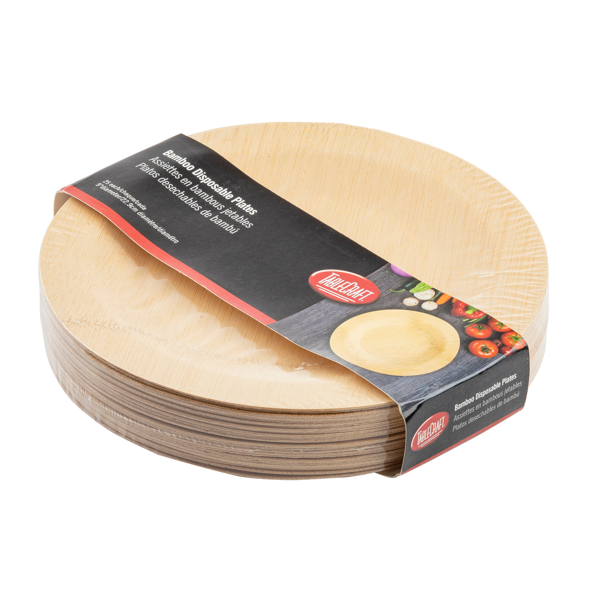 A stack of round, light-colored disposable bamboo plates is wrapped in black packaging labeled “Bamboo Disposable Plates." The 9 inch plates feature a natural wood grain texture, the FECELL logo, and a food photo. Perfect eco-friendly tableware by TableCraft.