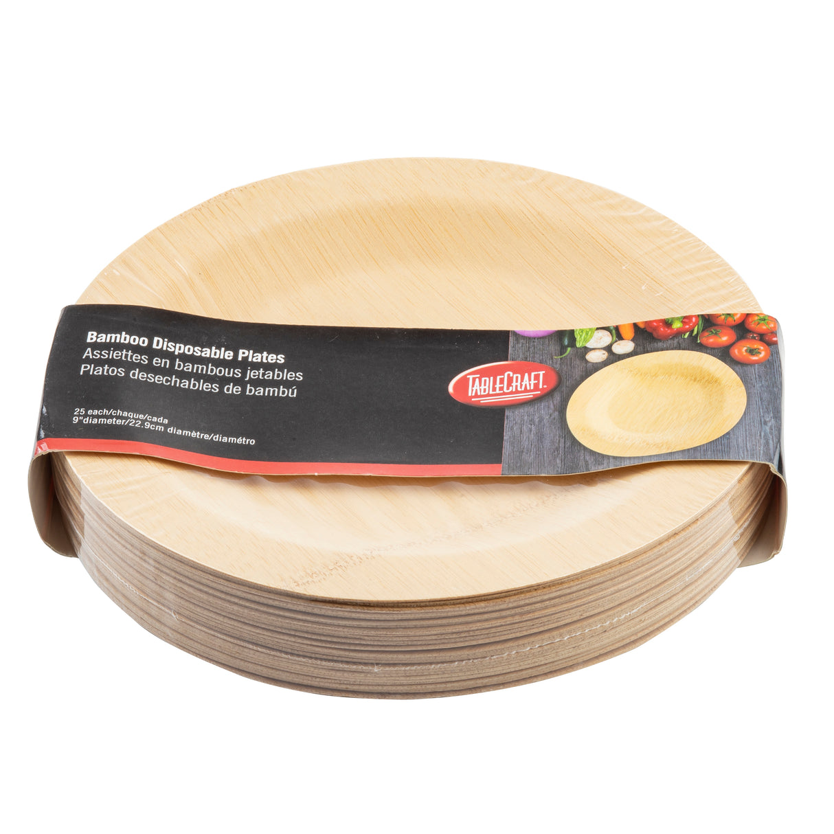 A stack of round, light-colored 9 inch disposable bamboo plates is wrapped with a black and red TableCraft label displaying the product name in English, French, and Spanish, plus a small image of a plate with food and vegetables nearby.