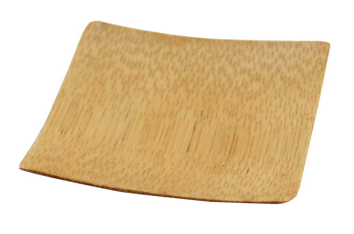 A small, square, shallow disposable dish made of light-colored bamboo with a natural wood grain texture. The edges are slightly curved upward and the surface is smooth. The empty TableCraft plate is photographed against a white background.