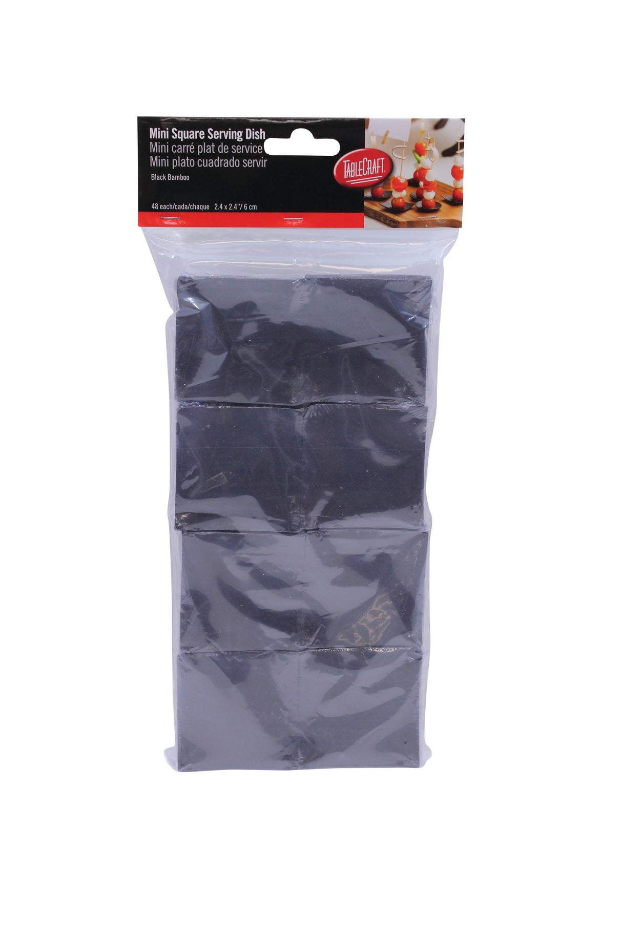 A package of TableCraft mini square serving dishes is shown, containing eight black square dishes arranged in two columns of four, sealed in clear plastic with a red and black label. These disposable dishes are ideal for serving small portions or appetizers.