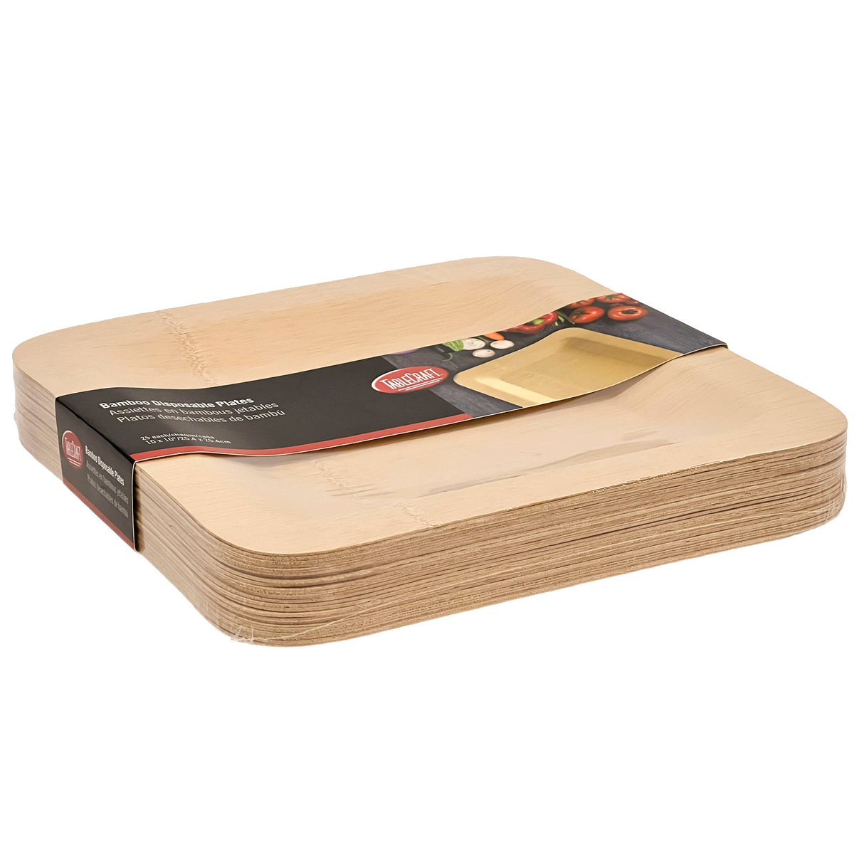 A stack of square bamboo plates, 10 inch disposable bamboo plates made from natural materials like bamboo or palm leaf. Rounded edges and a black and red paper label display product details and images of food.