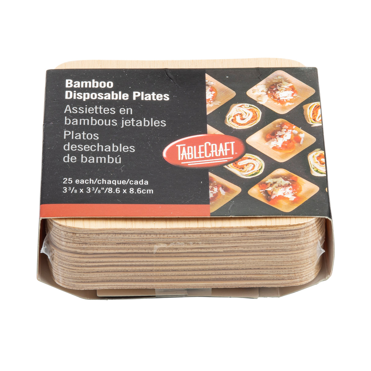 A pack of TableCraft Products square Disposable bamboo plates. The packaging features sushi images and text in English, French, and Spanish. Each pack includes 25 plates, each measuring 3.75 inches square by 0.34 inches deep.