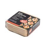 A package of TableCraft disposable bamboo plates is shown, wrapped in clear plastic. The label features images of appetizers on square plates. The set includes 25 plates, each measuring 3.5 x 3.5 inches (8.8 x 8.8 cm).