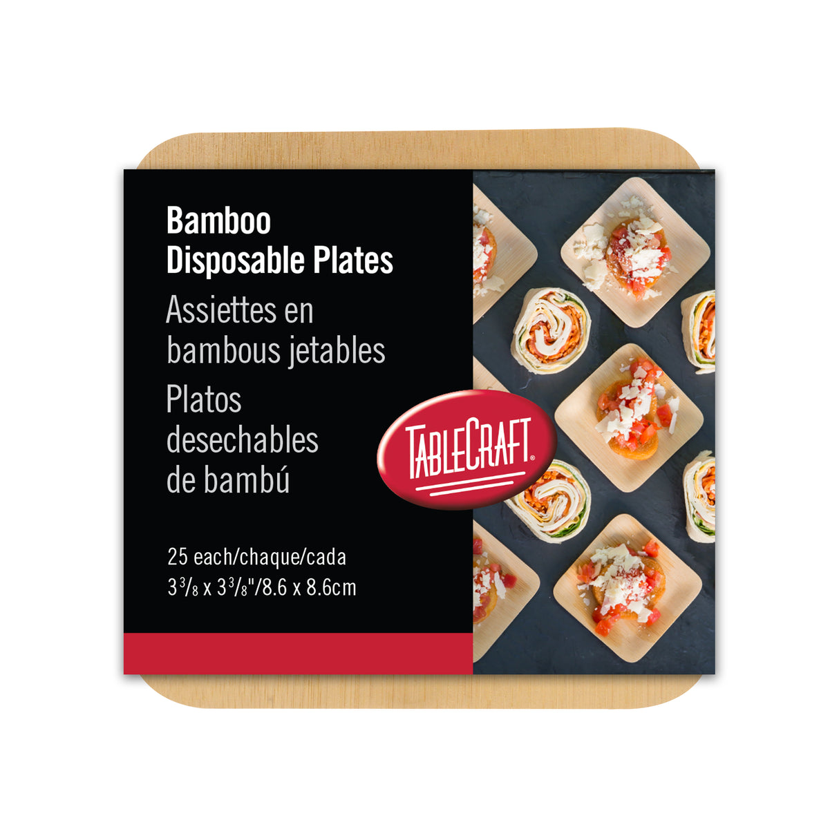 Square package of TableCraft Products Bamboo Disposable Plates. The label shows square plates with colorful sushi rolls, and text in English, French, and Spanish. Each disposable bamboo plate measures 3⅜ by 3⅜ inches (8.6 x 8.6 cm); 25 plates per pack.