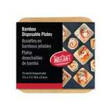 Square package of TableCraft Products Bamboo Disposable Plates. The label shows square plates with colorful sushi rolls, and text in English, French, and Spanish. Each disposable bamboo plate measures 3⅜ by 3⅜ inches (8.6 x 8.6 cm); 25 plates per pack.
