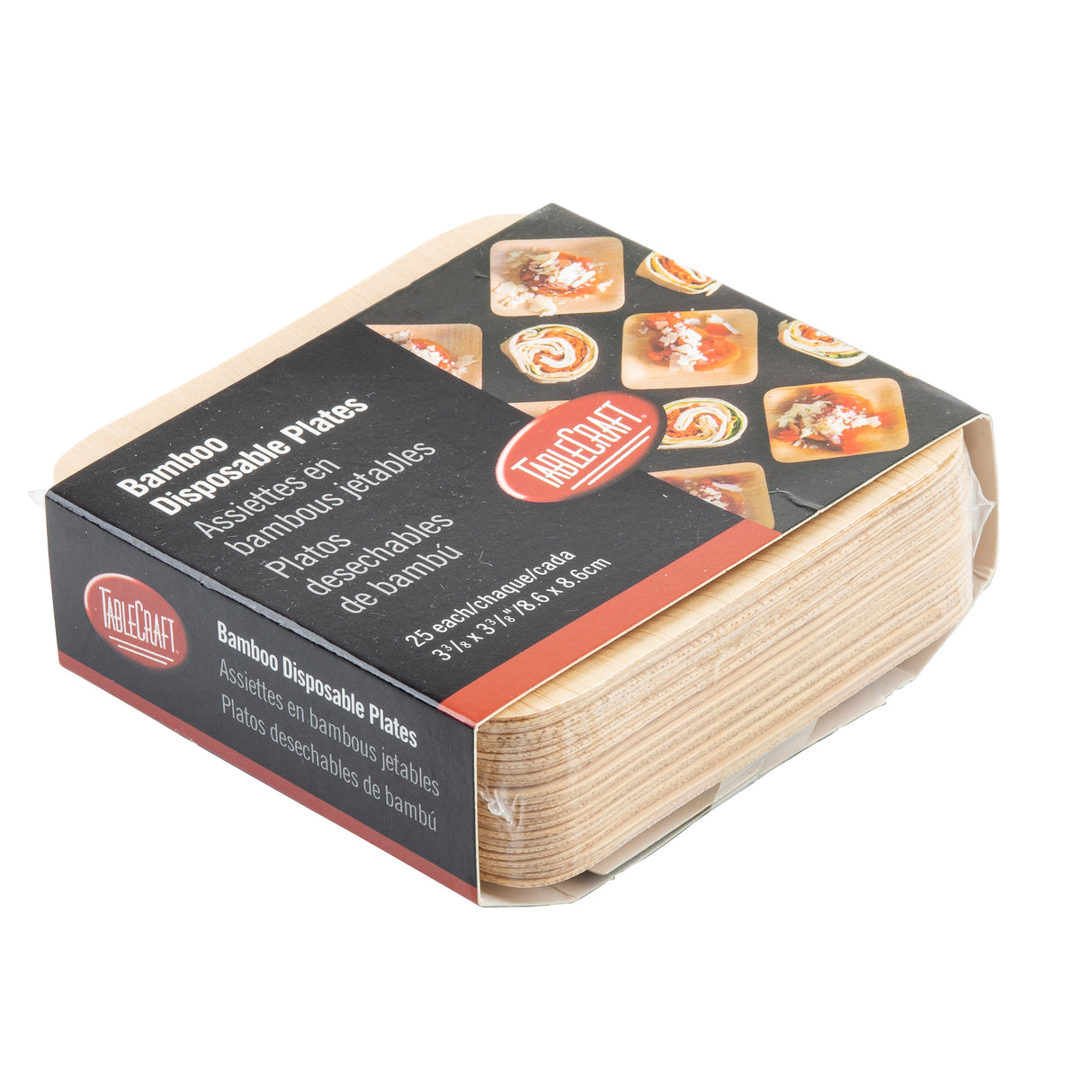 A stack of TableCraft disposable bamboo plates is wrapped in plastic packaging. The label on top reads Bamboo Disposable Plates in multiple languages and features sushi images. The pack contains 25 square plates, sized 7 in x 5 in (17.8 cm x 12.7 cm).