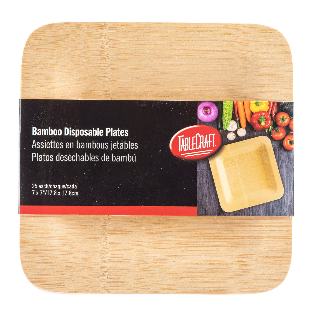 A pack of TableCraft disposable bamboo plates with a black label featuring colorful vegetables and a square plate photo. The label, in English, French, and Spanish, details a set of 25 (7 x 7/17.8 x 17.8 cm) eco-friendly square plates.