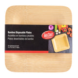 A pack of TableCraft disposable bamboo plates with a black label featuring colorful vegetables and a square plate photo. The label, in English, French, and Spanish, details a set of 25 (7 x 7/17.8 x 17.8 cm) eco-friendly square plates.