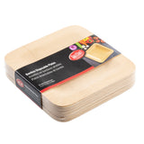 A stack of square disposable bamboo plates by TableCraft is shown, packaged with a black and red label that reads Top Clean Bamboo Disposable Plates and displays images of food.