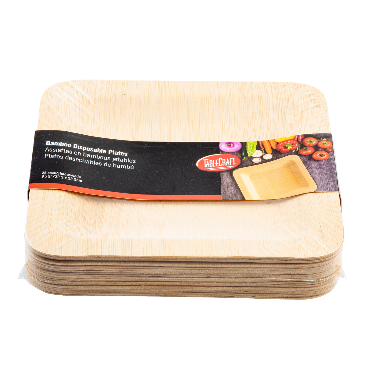 A stack of square plates with a natural finish is wrapped in packaging. The label shows the brand TableCraft, photos of the disposable bamboo plate with food, and describes the plates as bamboo, disposable, and eco-friendly.