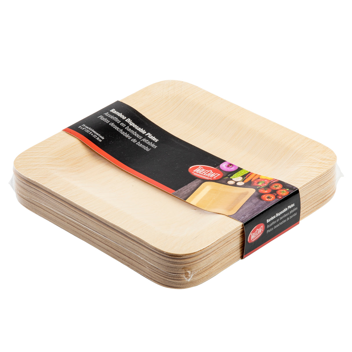 A stack of square, light wood-colored disposable bamboo plates wrapped in plastic, with a black and red paper label showing the Hefty brand and assorted vegetables. These 9 inch plates have gently rounded corners and a natural finish.