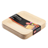 A stack of square, light wood-colored disposable bamboo plates wrapped in plastic, with a black and red paper label showing the Hefty brand and assorted vegetables. These 9 inch plates have gently rounded corners and a natural finish.
