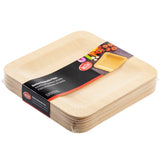 A stack of square, light-colored disposable bamboo plates made from biodegradable palm leaf, wrapped in clear plastic. The packaging features a black and purple label showing the brand Hefty and an image of the square plate with food.