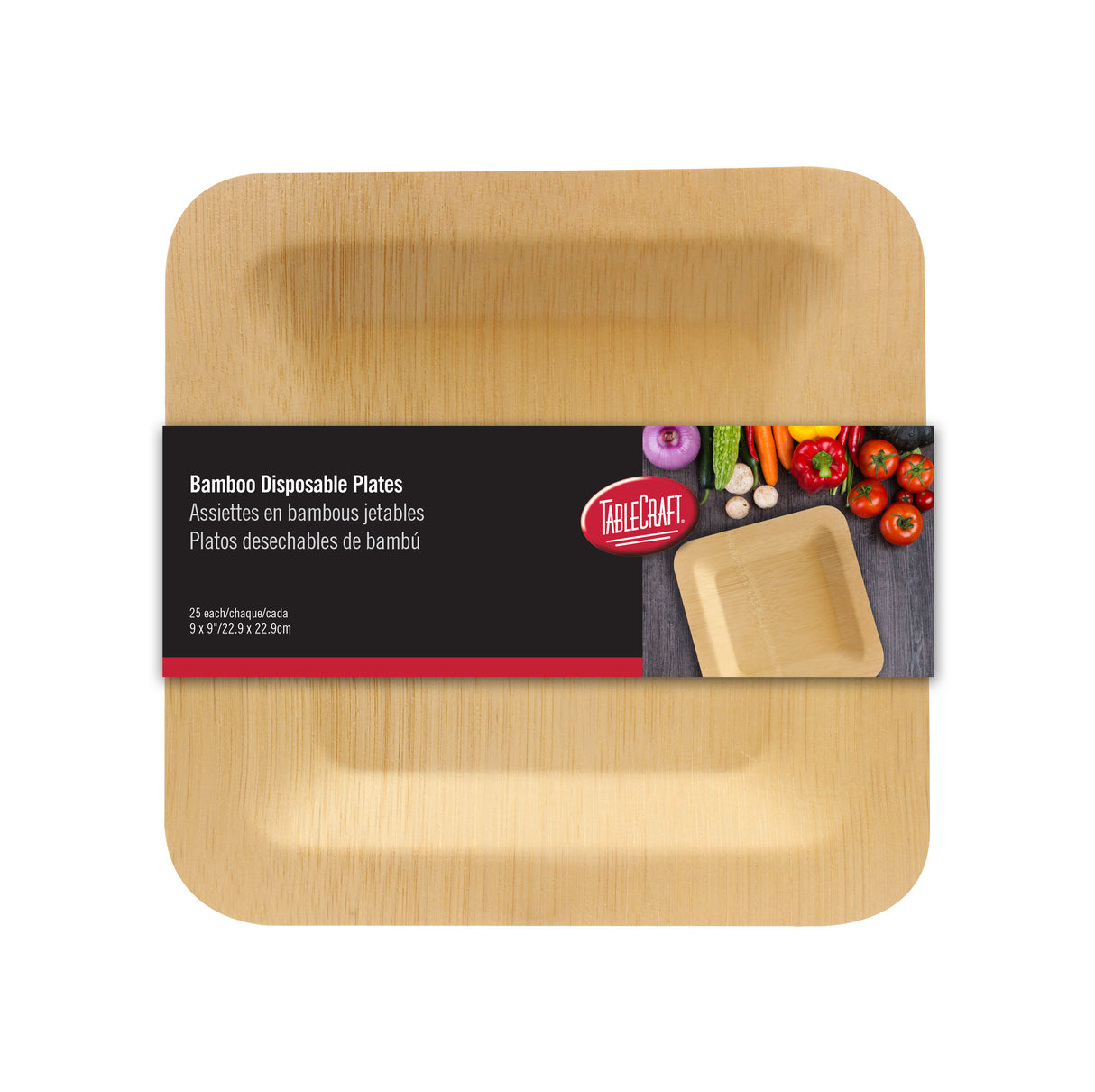 A square, disposable bamboo plate with a natural finish is packaged with a black label. The label displays the TableCraft logo, product name in three languages, and an image of vegetables beside the plate. Rounded corners and wood grain texture complete the look.