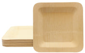 A stack of square, light-colored 9 inch plates with rounded edges. One disposable bamboo plate stands upright to display its shallow, flat surface and natural wood grain. The plates have a minimalist, eco-friendly design.