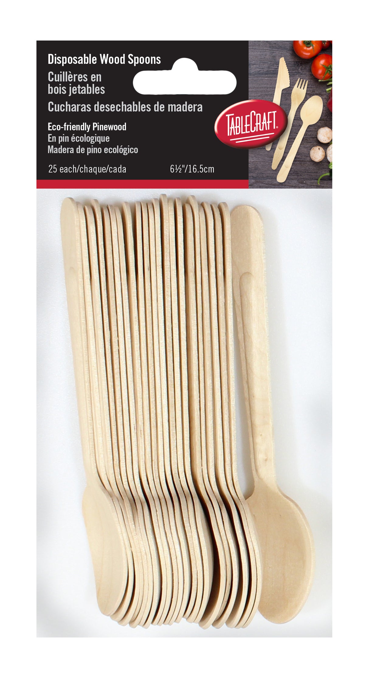 A package of 25 eco-friendly disposable spoons made from biodegradable pinewood is shown. The light brown spoons have a natural finish, are stacked in clear plastic packaging, and labeled bilingually with food and utensil images on the top right.