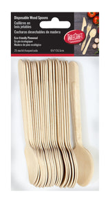 A package of 25 eco-friendly disposable spoons made from biodegradable pinewood is shown. The light brown spoons have a natural finish, are stacked in clear plastic packaging, and labeled bilingually with food and utensil images on the top right.