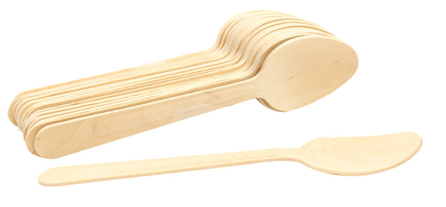 A stack of light-colored, biodegradable pinewood spoons is shown, with one eco-friendly disposable spoon lying in front. The spoons feature rounded bowls, straight handles, a natural finish, and visible wood grain against a plain white background.