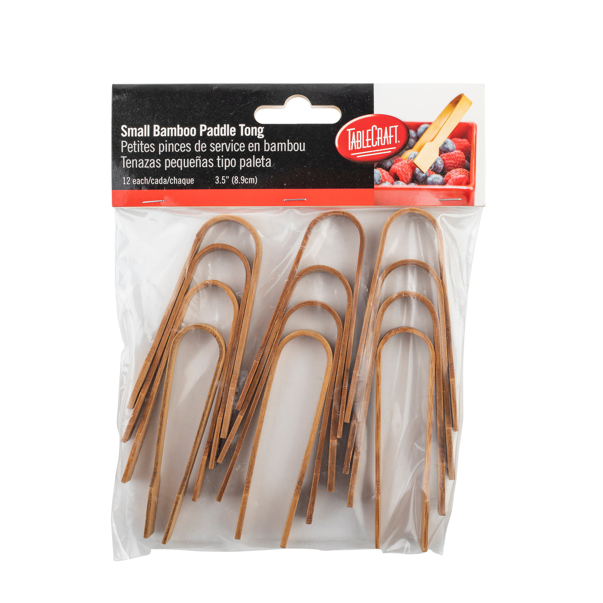 A clear plastic bag displays twelve small bamboo tongs with curved ends. The TableCraft label reads Small Bamboo Paddle Tong in English, French, and Spanish. Each bamboo tong measures 3.5 inches long.