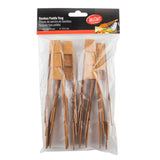 A clear plastic package contains twelve TableCraft bamboo tongs, stacked in two neat bundles. The black and red top label showcases the brand and product name, along with French and Spanish translations. Perfect for serving with small tongs.