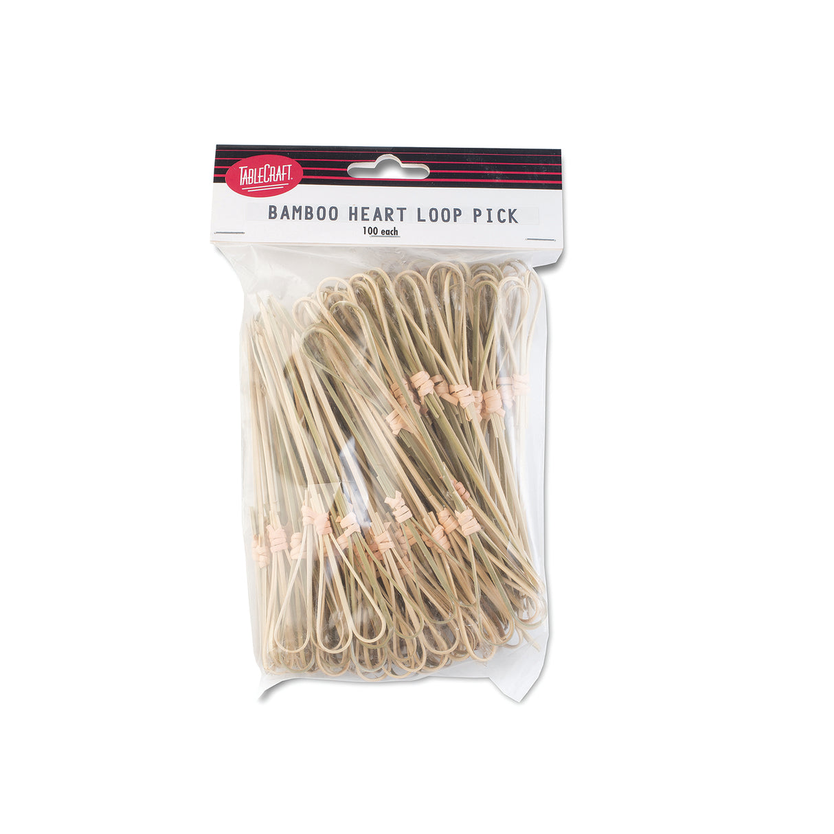 A clear plastic bag contains TableCraft bamboo picks, bundled in stacks, with a white label at the top reading “Bamboo Heart Loop Pick 100 pack” in black text and a red brand logo. Each Heart Looped Pick features a heart-shaped loop at one end.