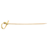 A single TableCraft bamboo knot pick lies horizontally on a white background. One end is pointed, while the other is looped into a decorative knot. The skewer is light beige in color and simple in design.