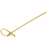 A single TableCraft bamboo knot pick with a pointed end and a knotted loop at the top. The pick is light greenish-yellow and lies on a plain white background.