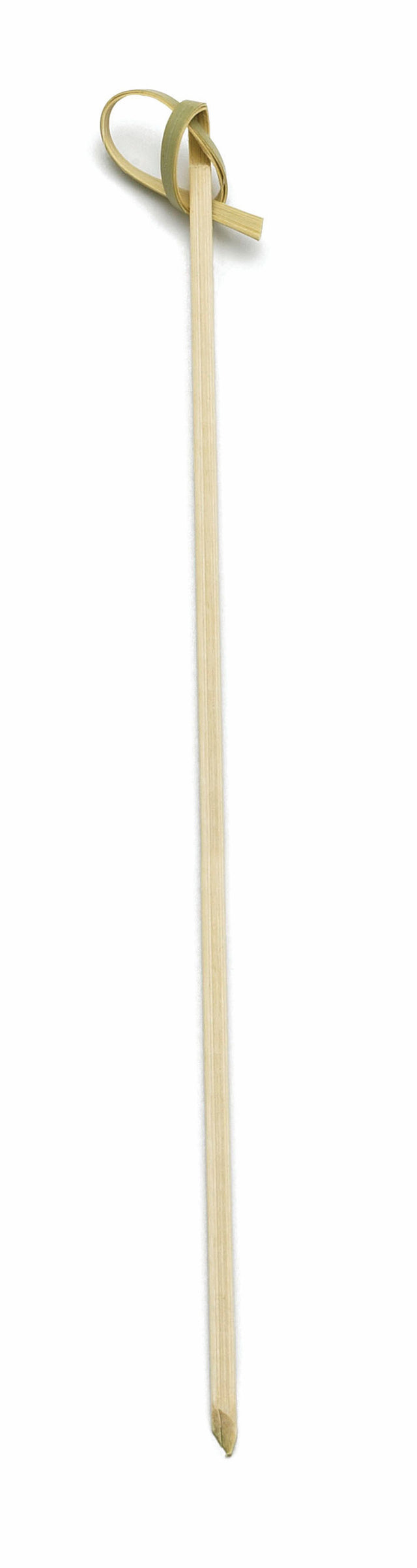 A single TableCraft BAMK7 bamboo knot pick with a pointed end and a decorative twisted loop at the top is photographed on a white background. This 7 inch knot pick is slim, light-colored, and the loop adds an elegant touch.