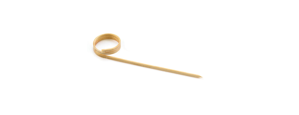 A single bamboo cocktail pick with one pointed end and a decorative spiral loop at the top, placed on a plain white background. This smooth, light-colored Card Holder Pick from TableCraft Products is perfect for serving appetizers or garnishes.