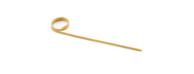 A single piece of uncooked mafaldine pasta is displayed on a white background, its wavy edges and loose loop resembling a delicate card holder pick from TableCraft’s bamboo collection.