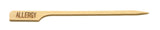 A bamboo Allergy Pick from TableCraft Products, featuring a flat handle labeled “ALLERGY” in dark letters. Its pointed end slides easily into food, while the wide, rectangular handle ensures clear visibility against a plain white background.