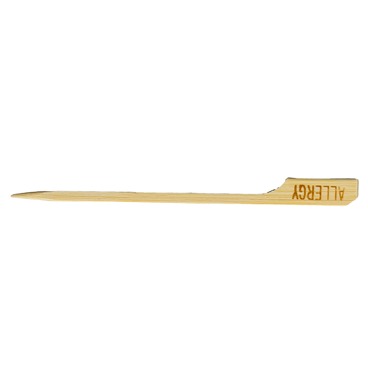 A bamboo Allergy Pick by TableCraft Products, featuring a pointed end and a flat top stamped “ALLERGY” in orange capitals, is isolated on a white background.