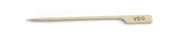 A bamboo veg pick with a pointed tip and a flat handle stamped “VEG” in brown letters. Ideal for vegetarian dishes, this TableCraft Products item is perfect for cash & carry display. The background is plain white.