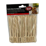 A package of TableCraft Products Bamboo Gluten-Free Paddle Picks. The clear bag holds 100 bamboo picks, each 5 1/2 inches long with a flat end labeled GLUTEN FREE. The red and white label features grilled food imagery. Perfect as a gluten-free pick option.
