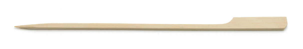 A flat, wooden cuticle pusher with a slightly rounded pointed end and a rectangular flat end. Similar to a TableCraft bamboo paddle pick, this 7 inch tool is light beige with visible wood grain, placed on a white background.