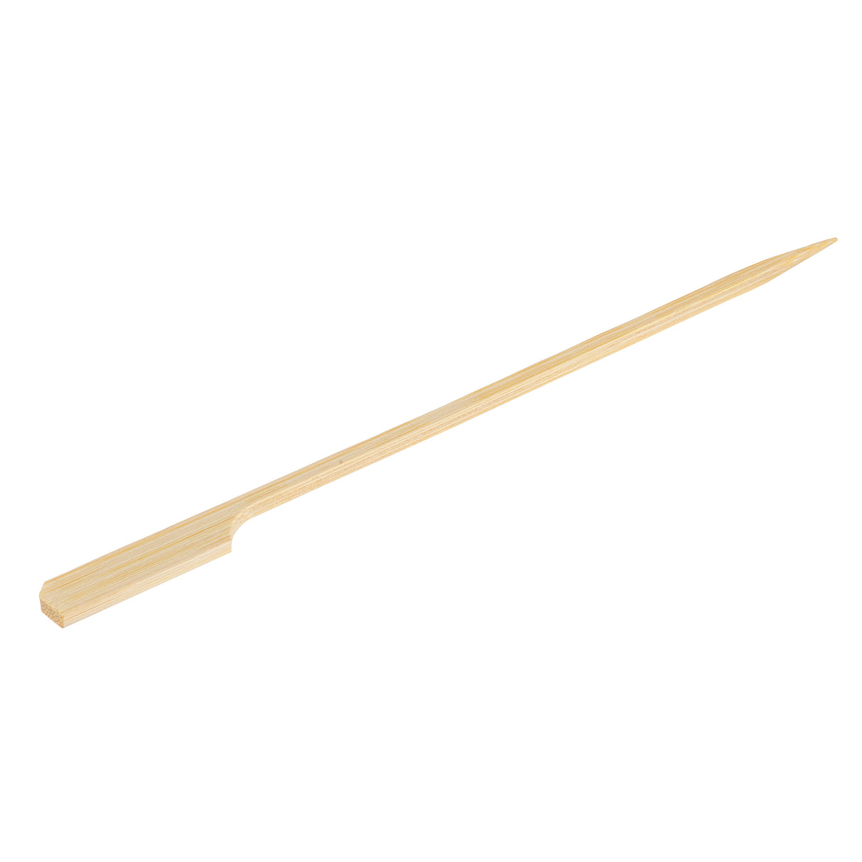 A single TableCraft bamboo paddle pick, 7 inch long, with one pointed end and one flat end, isolated on a white background. The slender, smooth pick is light brown and typically used for grilling or serving foods such as kebabs.