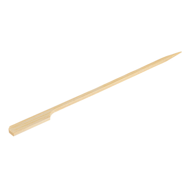 A single TableCraft bamboo paddle pick, 7 inch long, with one pointed end and one flat end, isolated on a white background. The slender, smooth pick is light brown and typically used for grilling or serving foods such as kebabs.