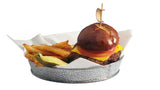 A cheeseburger with cheddar, lettuce, and tomato on a pretzel bun, secured with a TableCraft bamboo sword pick, served in a metal basket with golden French fries and a pickle spear, all on white parchment paper.