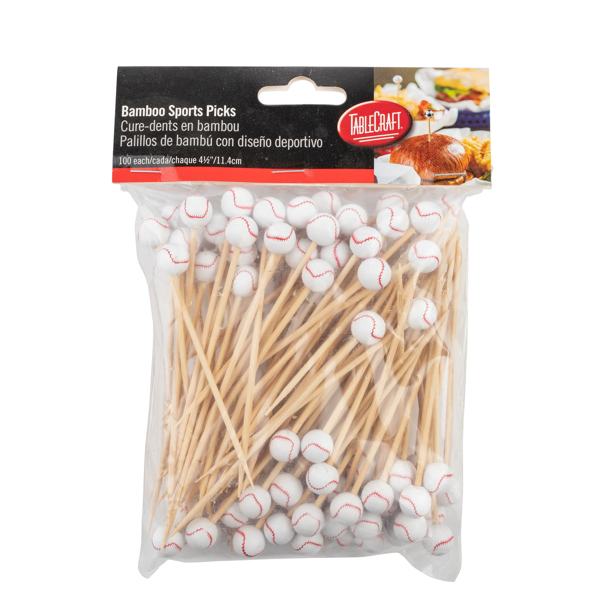 A clear plastic bag of TableCraft Bamboo Sport Picks, each topped with a small baseball decoration. The black and red label displays product information in English, French, and Spanish, and shows food served with the bamboo picks.
