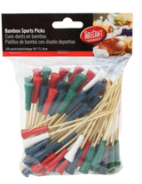 A clear plastic bag holds TableCraft bamboo sport picks with red, green, white, and black plastic caps. The label features English and Spanish descriptions plus an image of a sport pick in a burger.