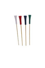 Four bamboo golf tees with wide tops stand upright in a row on a white background. The tops are colored white, red, blue, and green from left to right, while the stems of each sport pick remain a natural wood color.