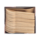 A top-down view of a rectangular box filled with neatly stacked, light brown biodegradable wooden spoons, all aligned in the same direction. The disposable spoons have a simple, smooth design and the open box showcases their organized arrangement.